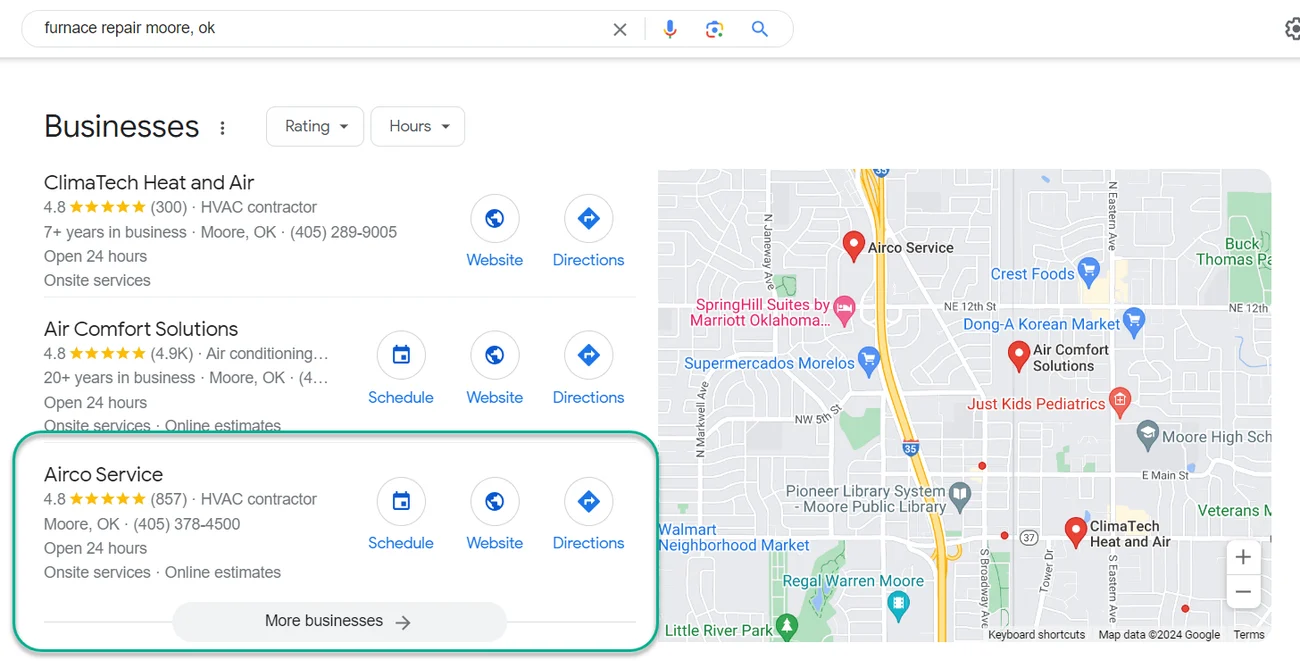 Airco Service ranking in Google’s local 3-pack for “furnace repair Moore, OK”